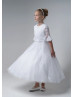 Bell Sleeves Beaded White Lace Tulle Tea Length Flower Girl Dress Bell Sleeves Beaded White Lace Tulle Tea Length Flower Girl Dress